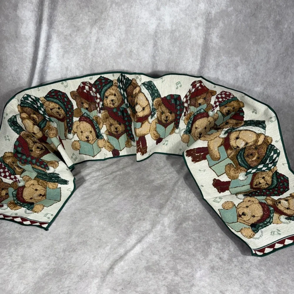 Vtg Christmas Caroling Bears Woven Tapestry Table Runner Holiday Decor 13x72